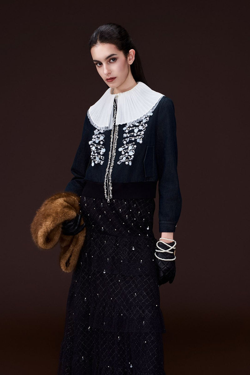 Contrasting-embellishment Denim Bomber Jacket