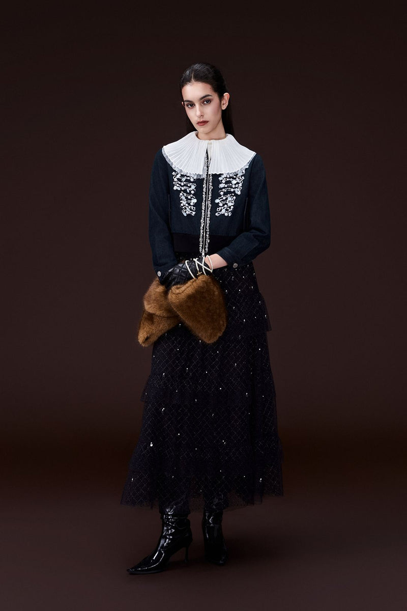 Contrasting-embellishment Denim Bomber Jacket