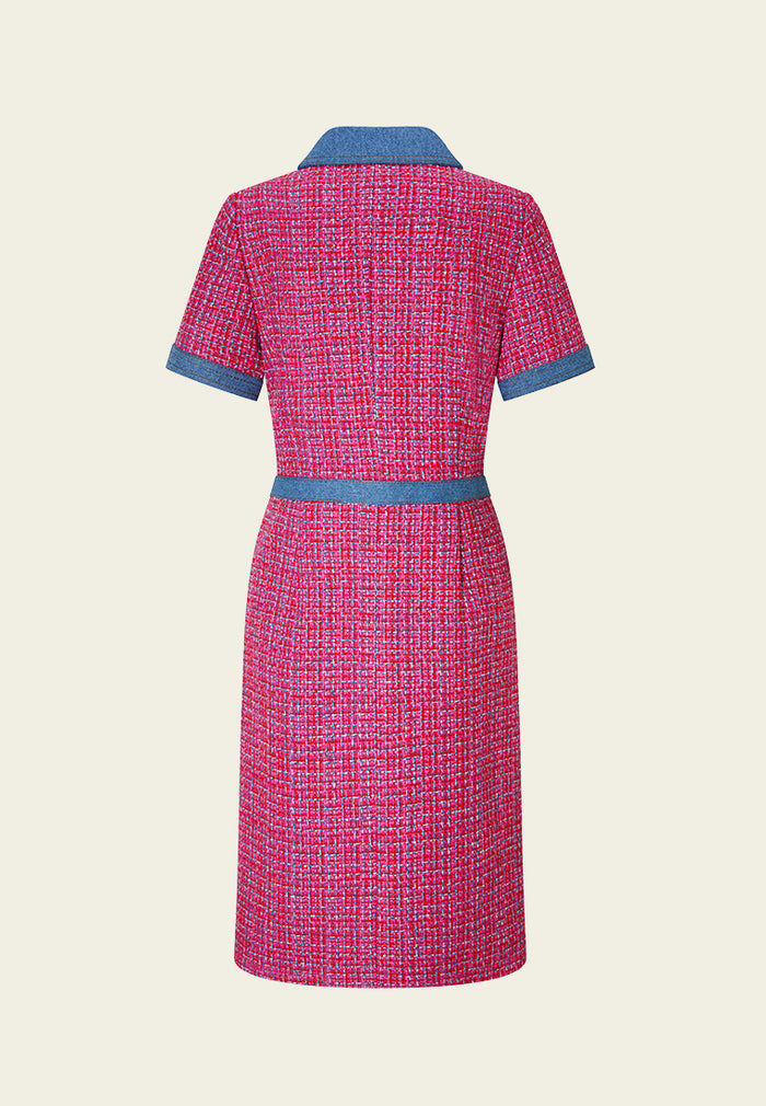 Denim-trim Fuchsia Checked Mix-tweed Dress