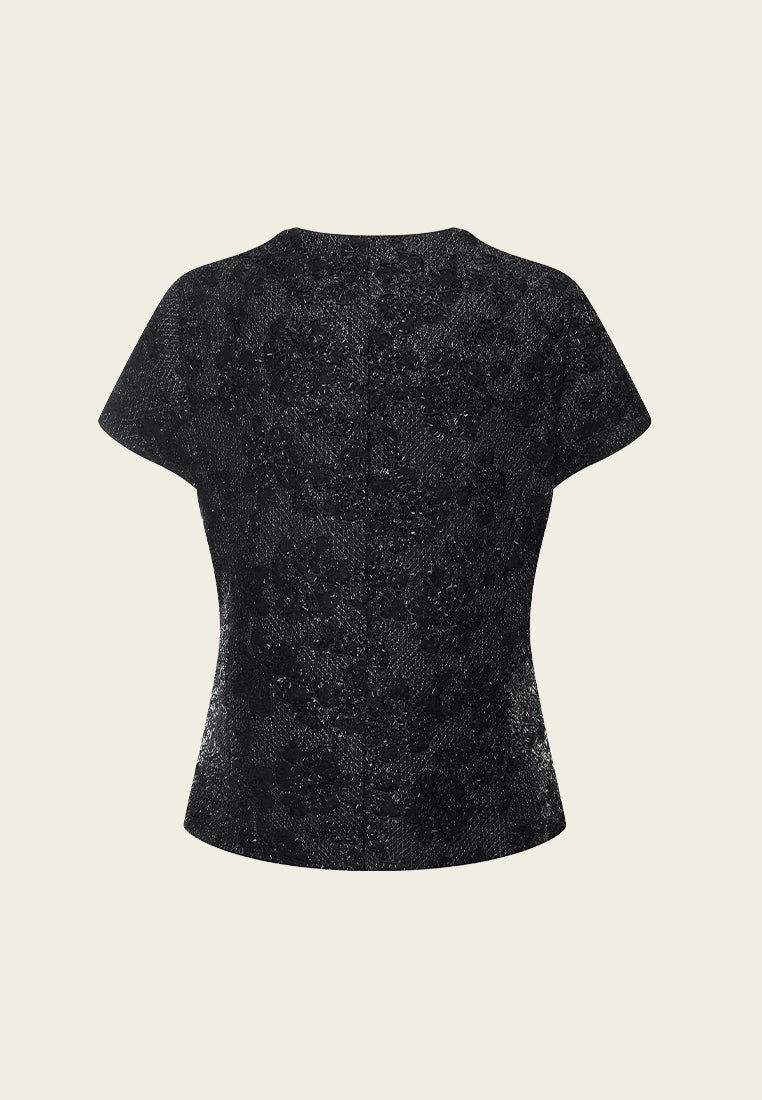 Frayed Lurex-detail Lace Double-breasted Cap-sleeve Blouse