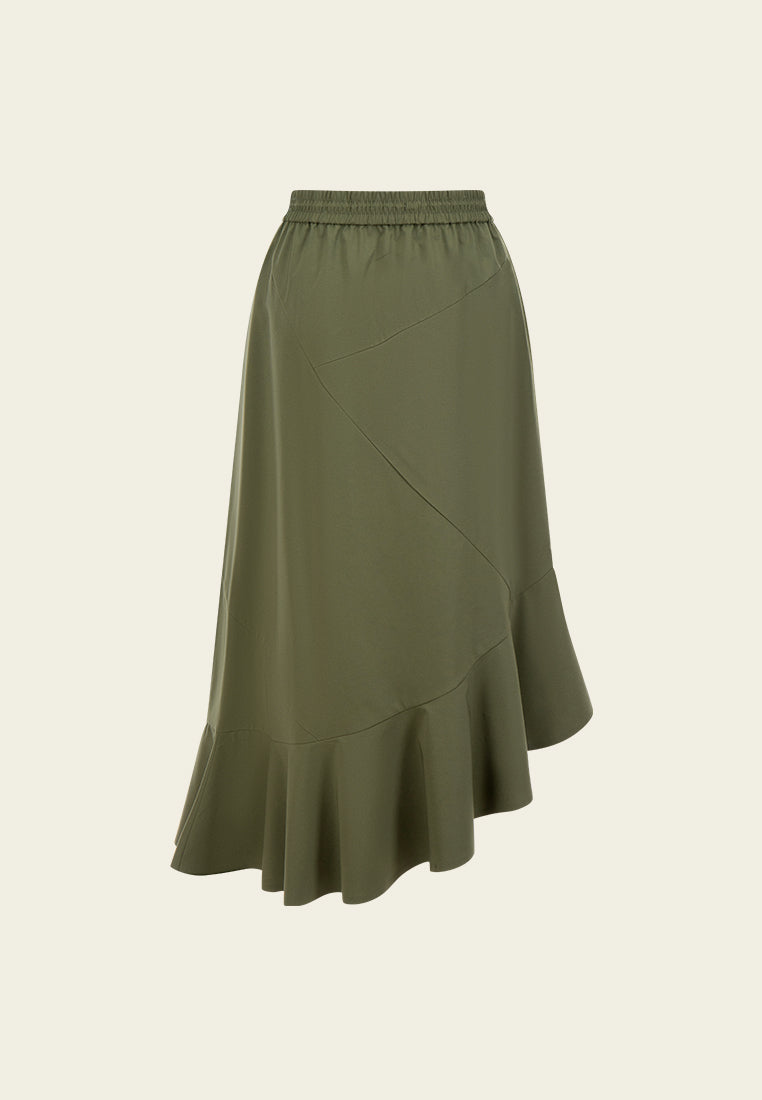 Drawstring-waist Exposed-seam Asymmetric-hem Skirt