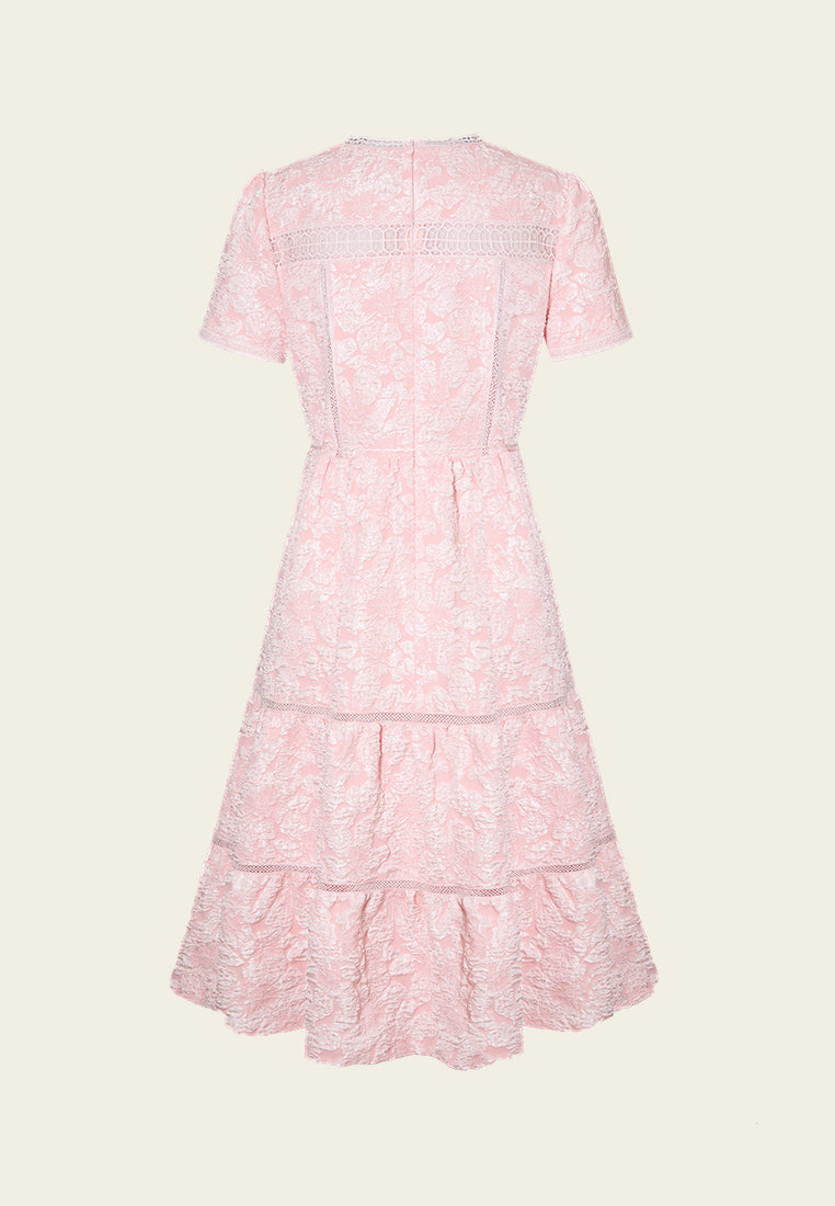 V-neck Jaquard Panelled Tie-belt Dress