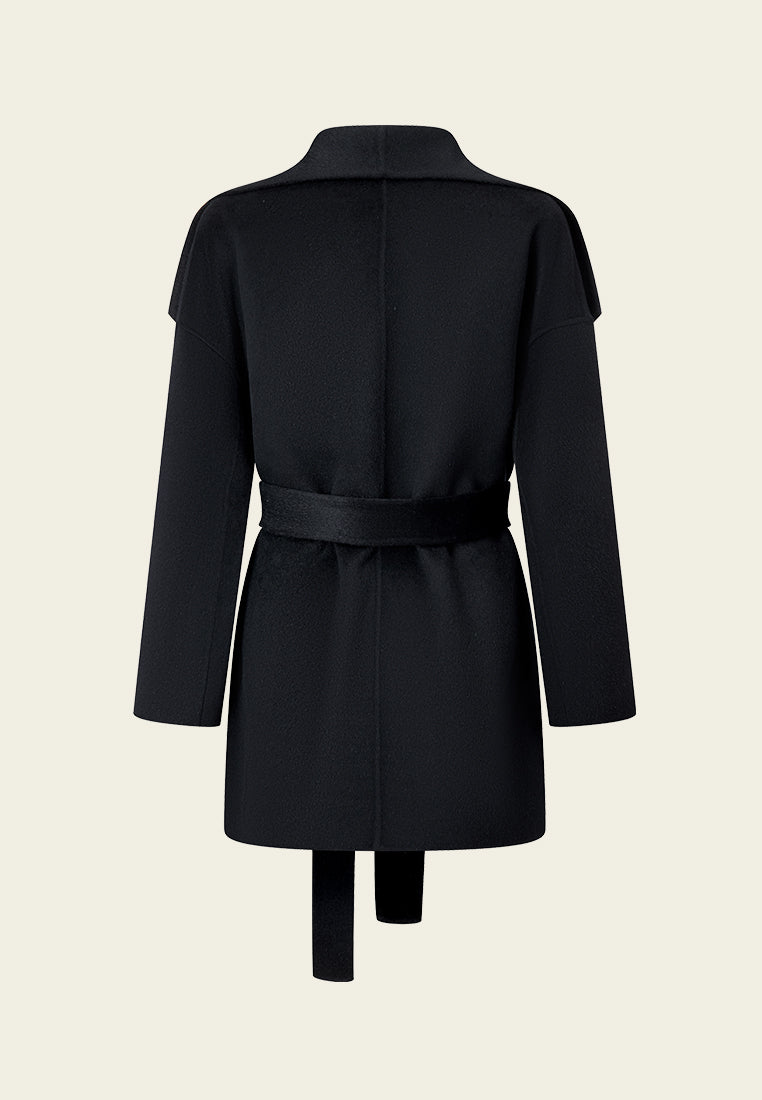 Wide Lapel Wrap-knotted Patch-pocket Cropped Coat