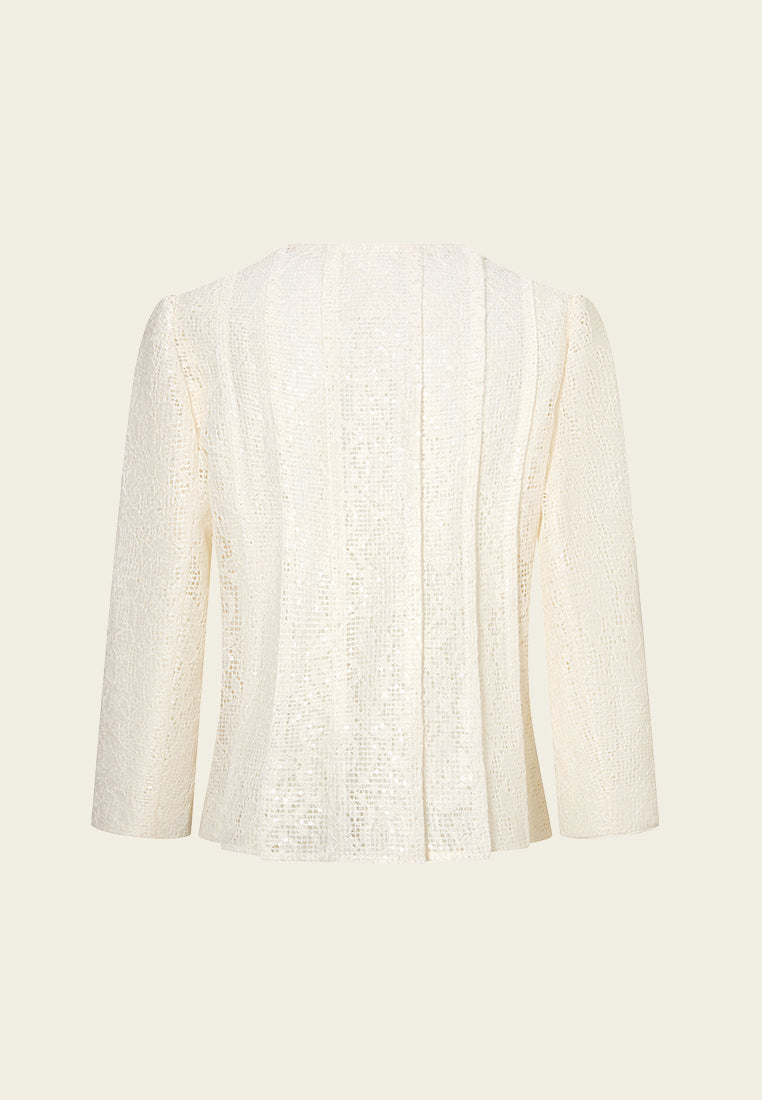 Pleated-detail Mesh-lace Sequin-detail Cropped Jacket