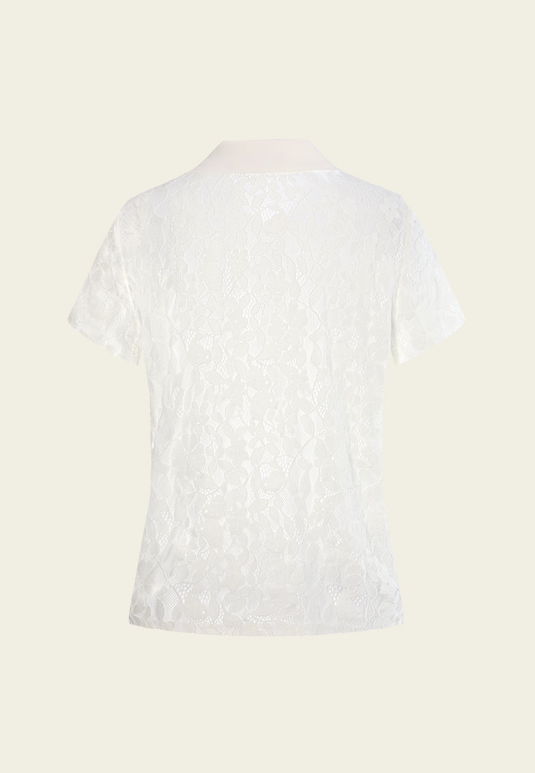 Cap-sleeve Crystal-button Lace Polo Shirt