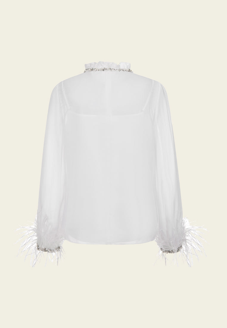 Crystal-embellished Ruffle-collar Frayed-detail Chiffon Blouse