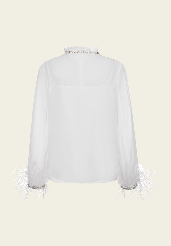 Crystal-embellished Ruffle-collar Frayed-detail Chiffon Blouse