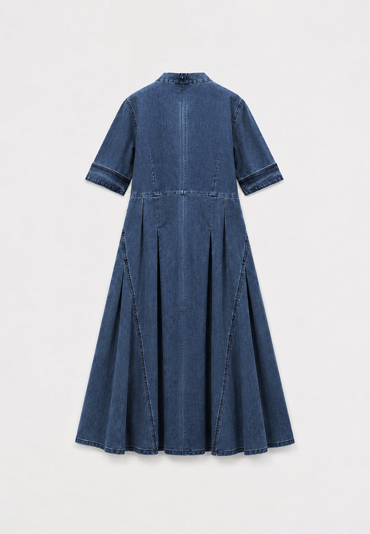 Bleu Céleste Embroidered Denim Midi Dress
