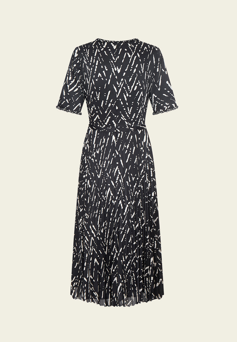 Black-and-white Abstract-pattern Braided-trim Dress