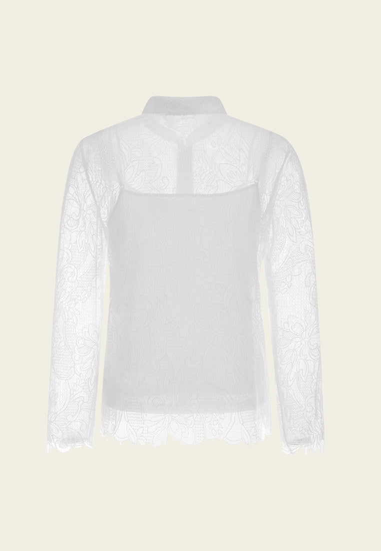 Stand-collar Crystal-button Lace Shirt