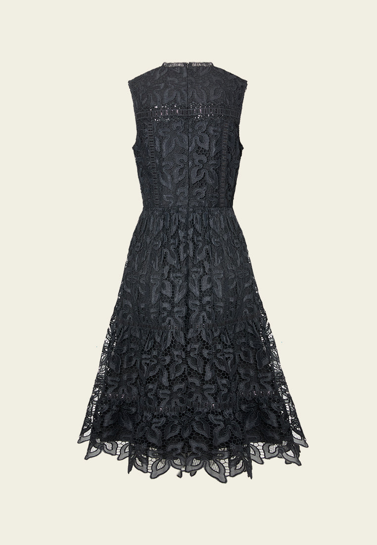 V-neck Panelled Hollow-carved Lace Dress