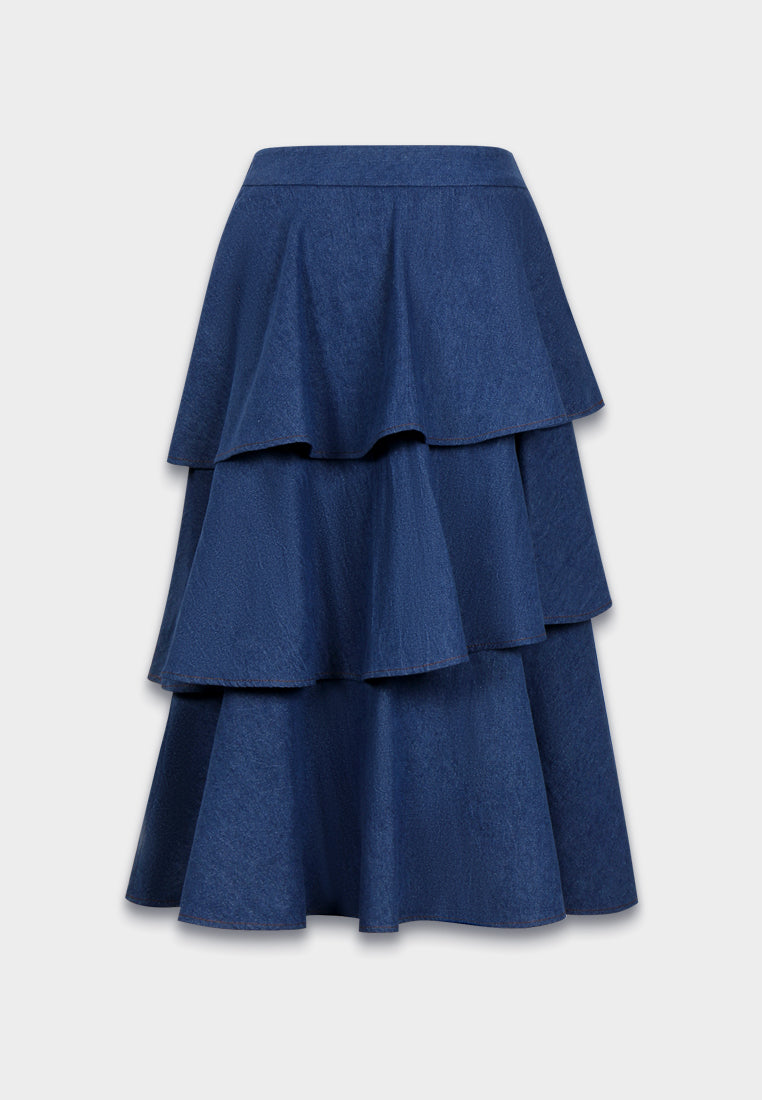 Indigo Bloom Layered Denim Skirt