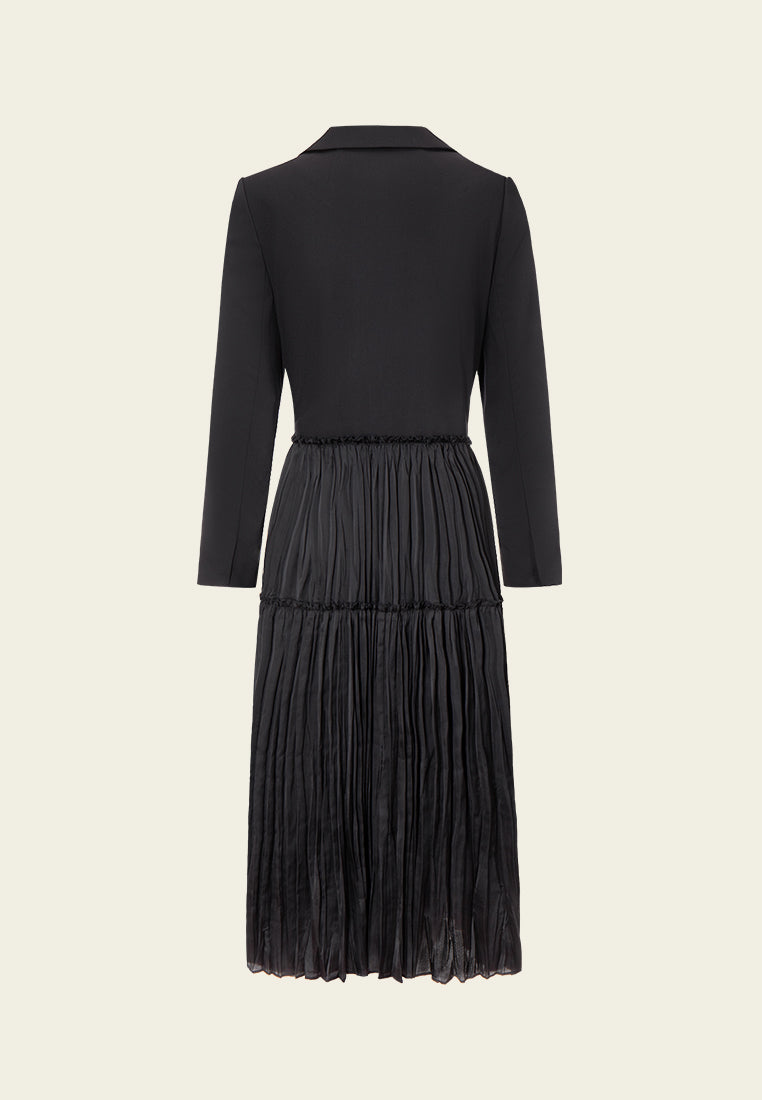 Patchwork Peak-lapel Pleated-detail Dress