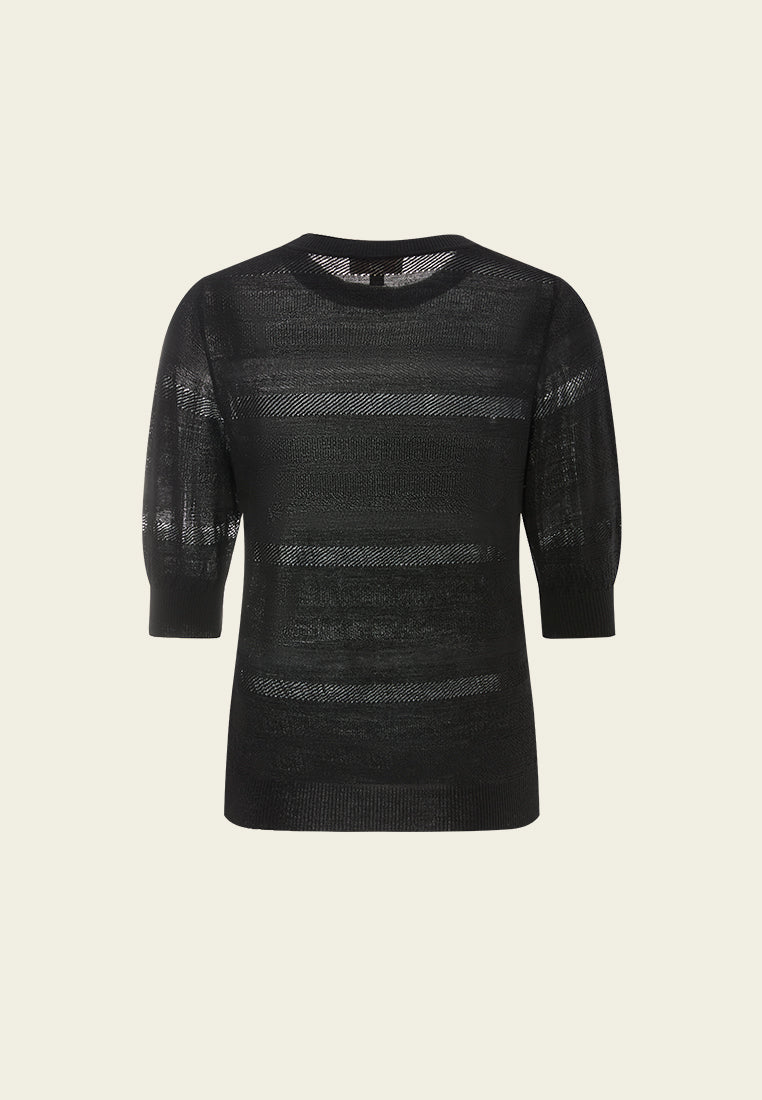 Knitted Stripped Ribbed-trim T-shirt