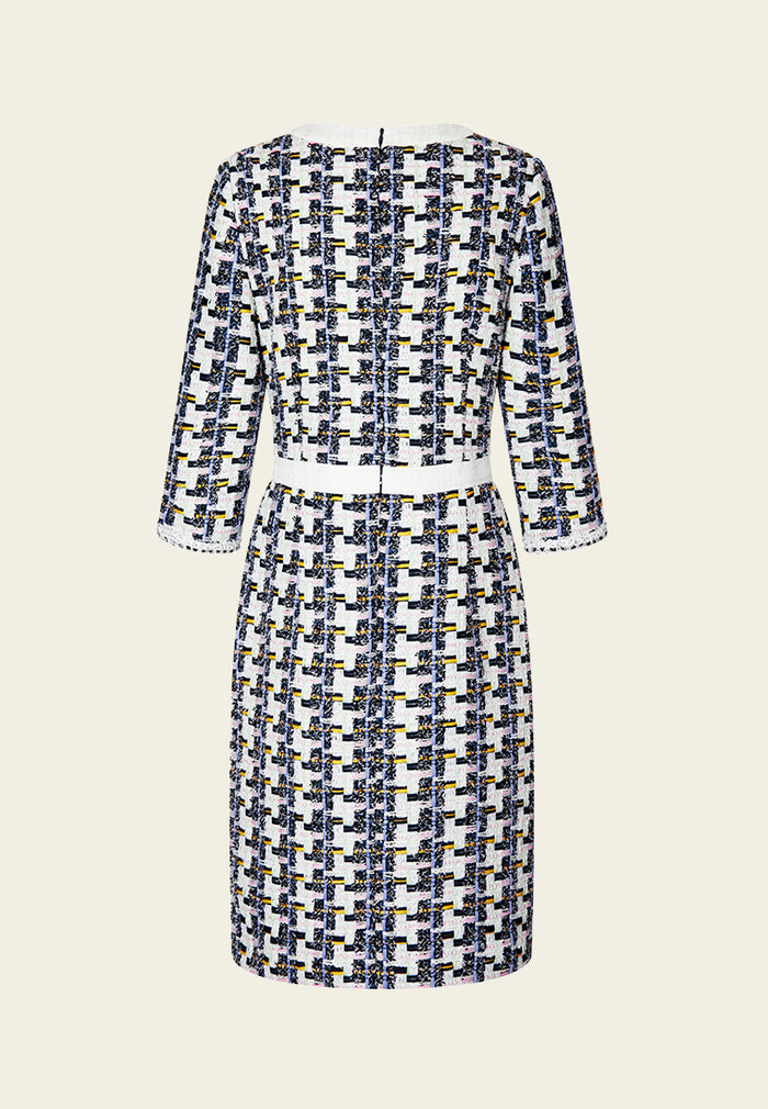 Mixed Tweed Houndstooth Trimmed Dress