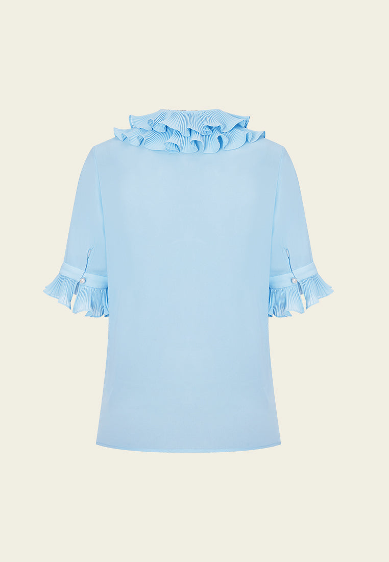 Blue Ruffled Pussy Bow Blouse