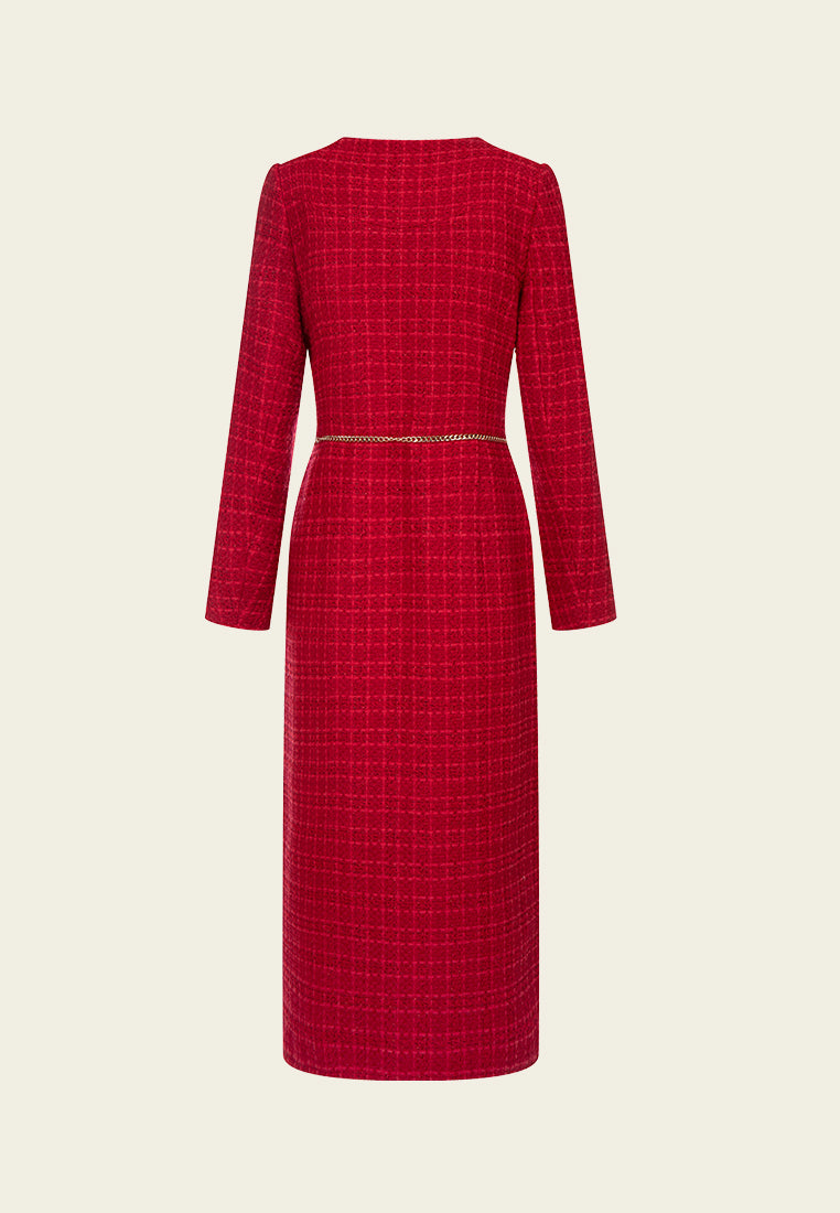 Chain-belt Checked Tweed Maxi Dress