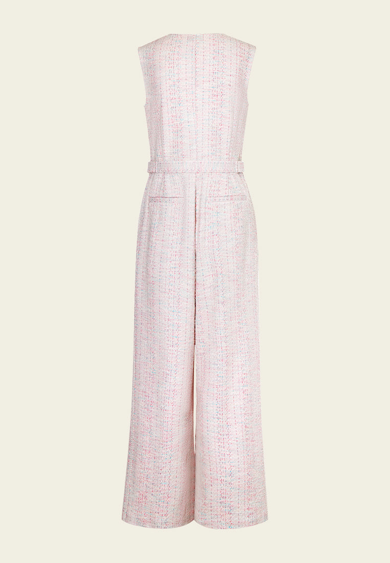 Cotton Candy V-neck Stretch Tweed Jumpsuit MOISELLE