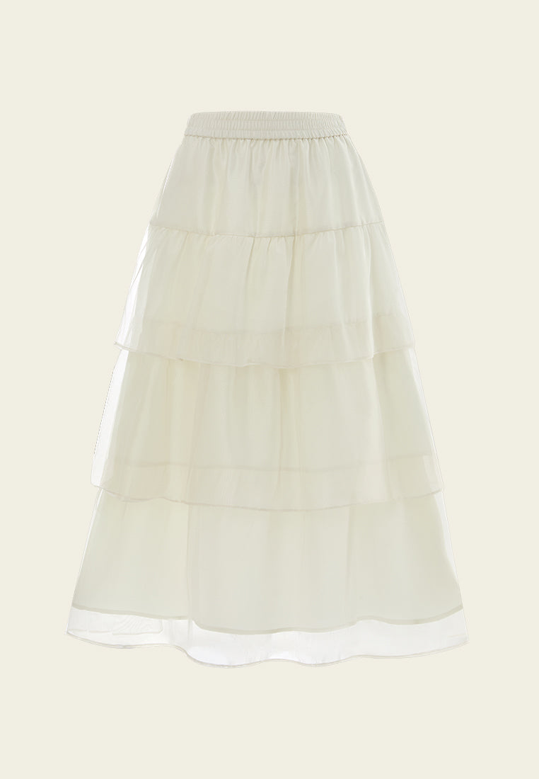 Elasticated-waistband Layered Maxi Mesh Skirt Cream