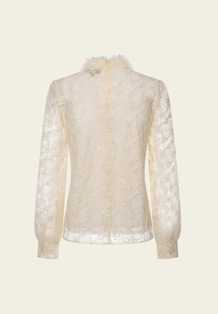 Lurex-detail Ruffle-collar Puff-sleeve Lace Blouse