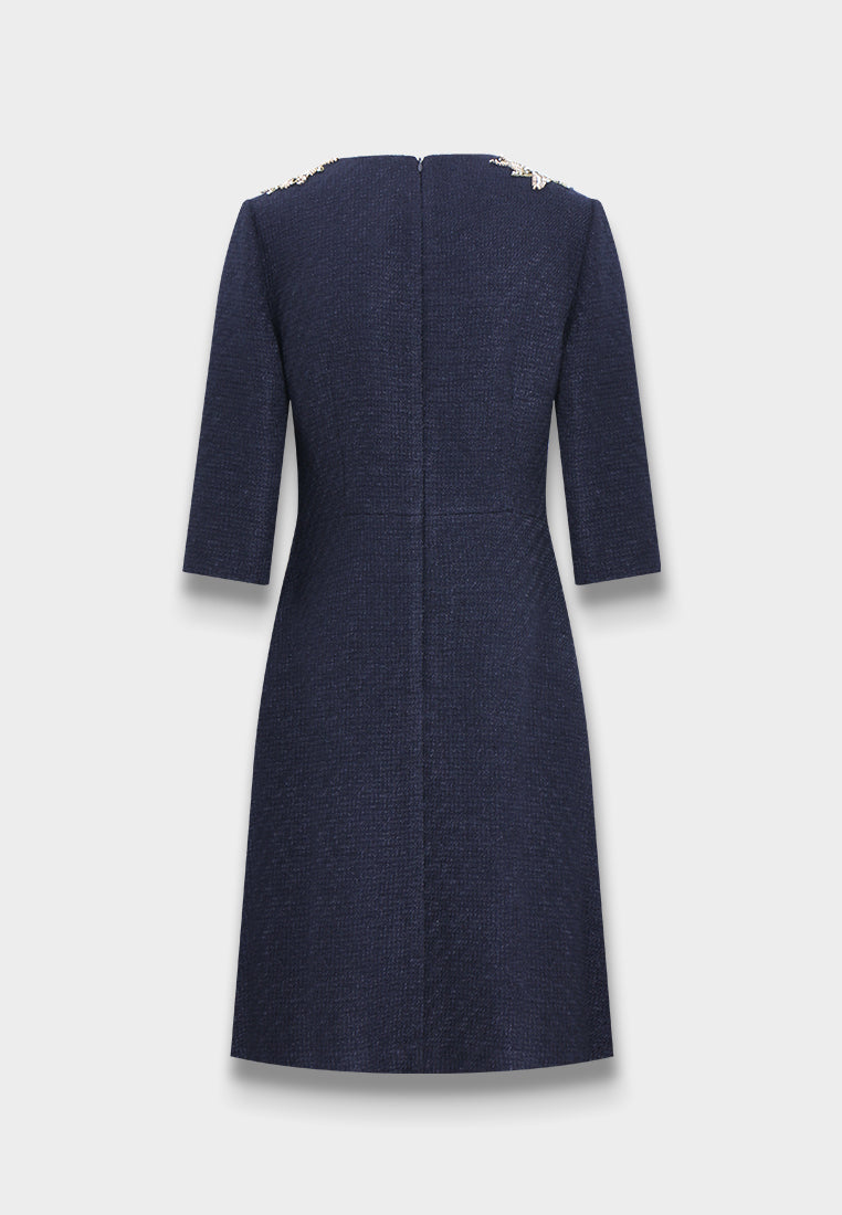 Lueur Embellished Neckline Tweed Dress