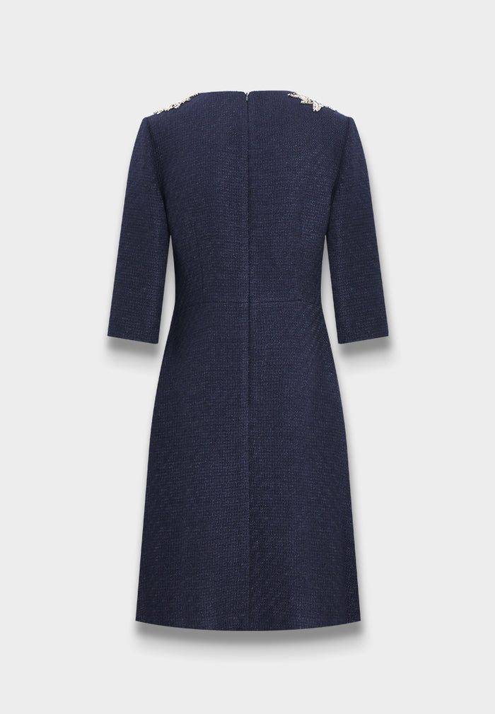 Lueur Embellished Neckline Tweed Dress