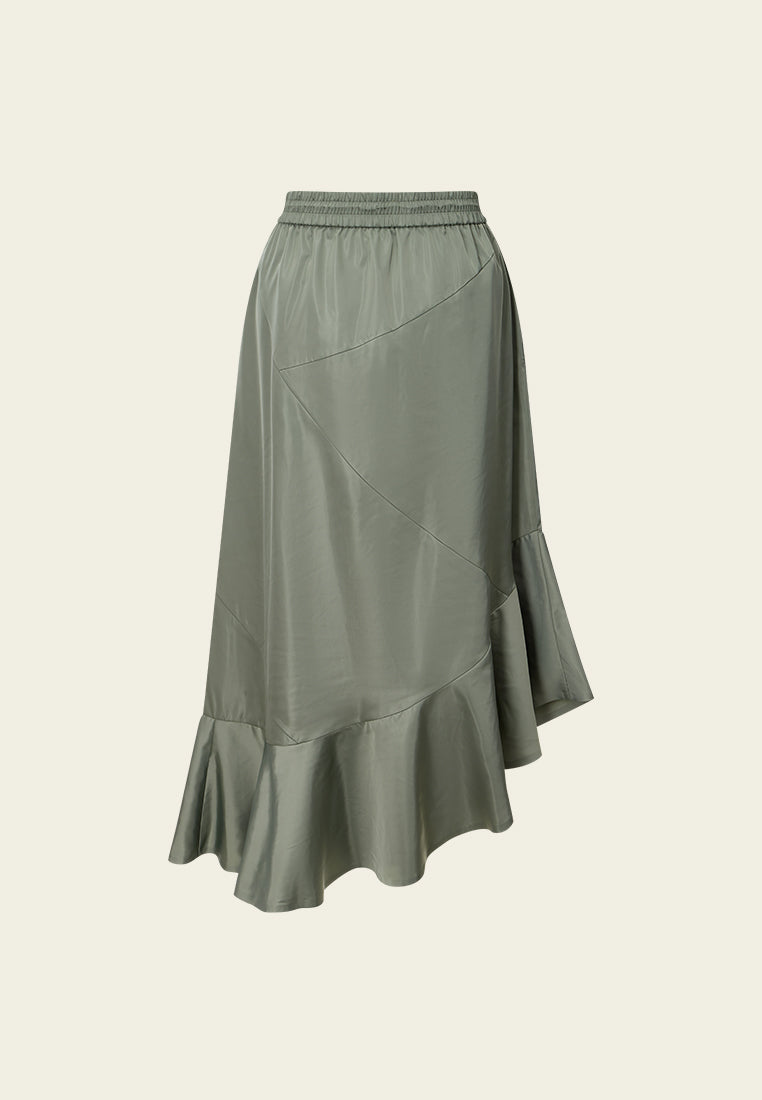 Drawstring-waist Exposed-seam Asymmetric-hem Skirt