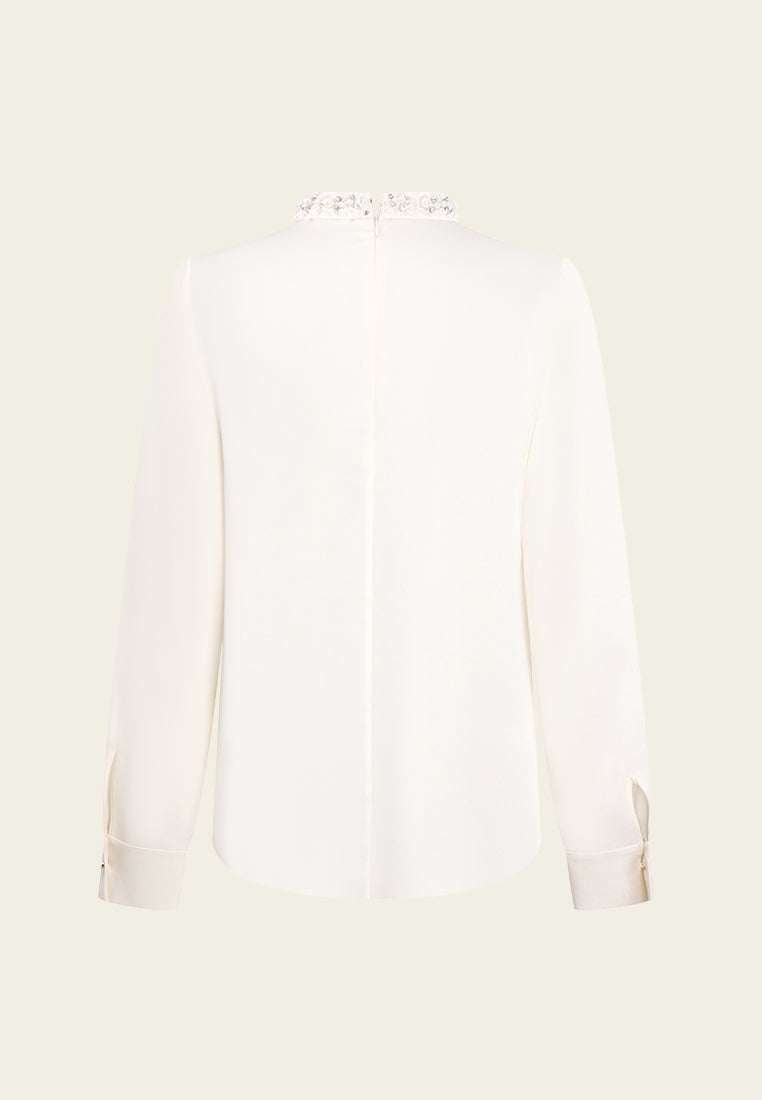 Embellished High-Neck Pleated Blouse
