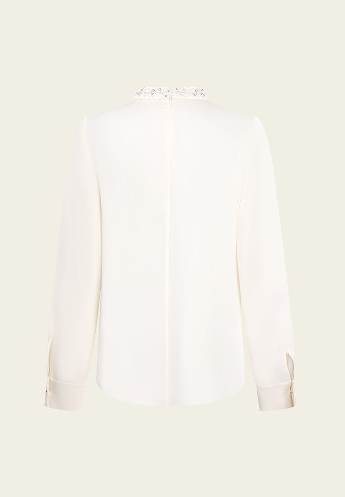 Embellished High-Neck Pleated Blouse