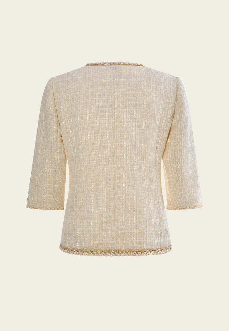 Patch-pocket Three-quarter Sleeve Embellished Checked Tweed Jacket