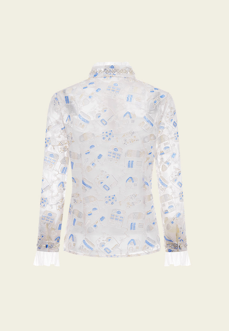 Beige Dreamy Embroiederd Stand Collar Shirt