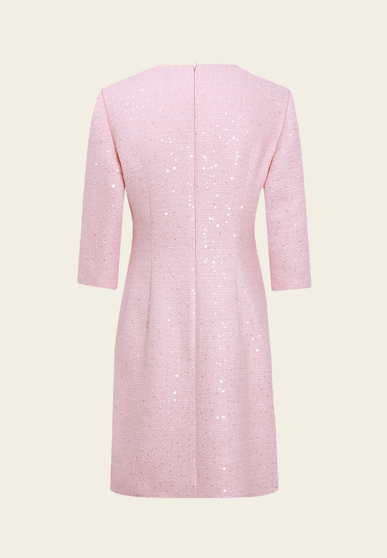 Appliqué V-neck Sequin Tweed Dress