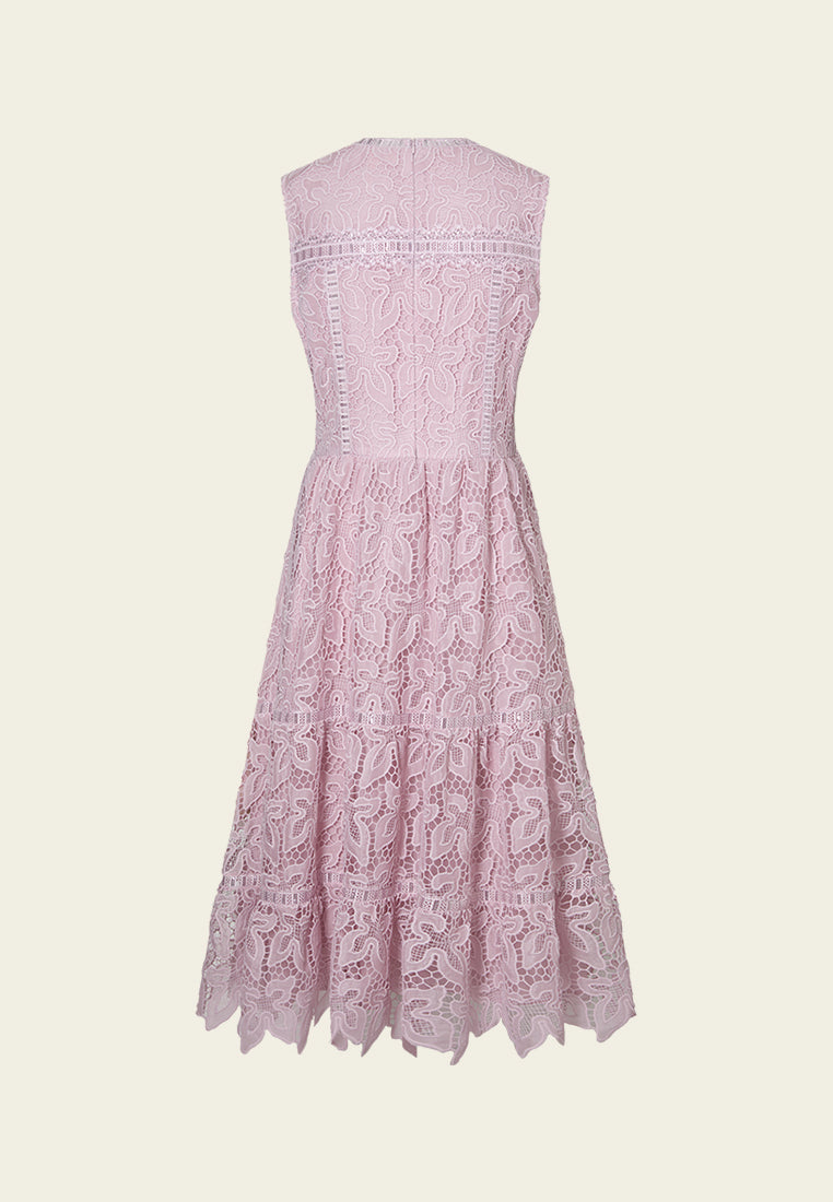 V-neck Panelled Hollow-carved Lace Dress