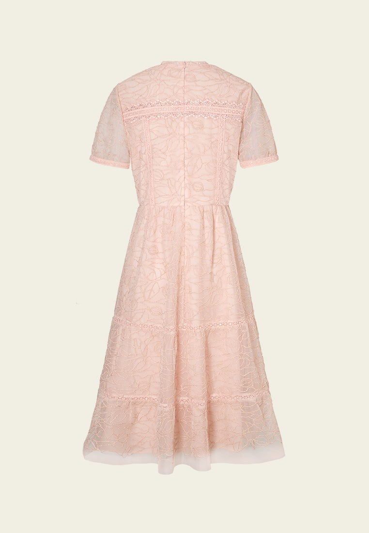 V-neck Panelled Plant-embroidery Mesh Dress