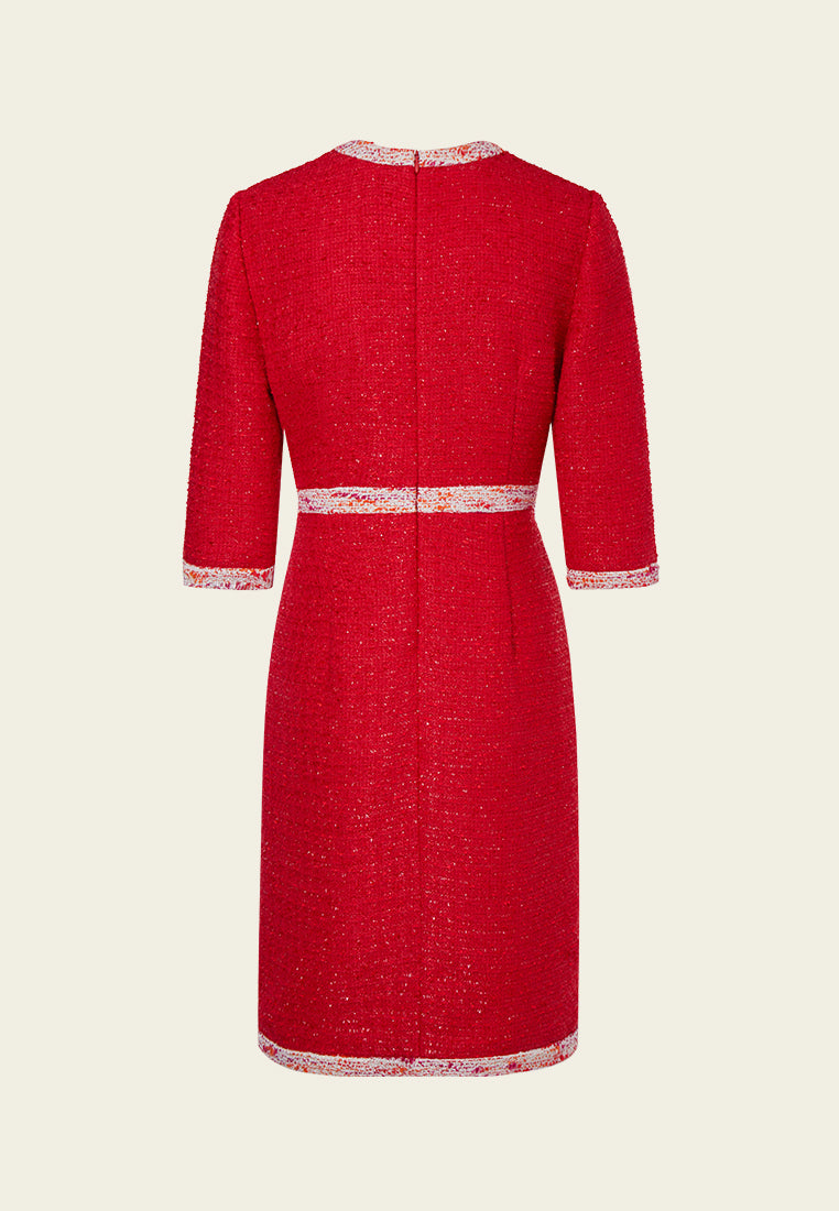 Three-quarter Sleeve Slit Pocket Tweed Dress