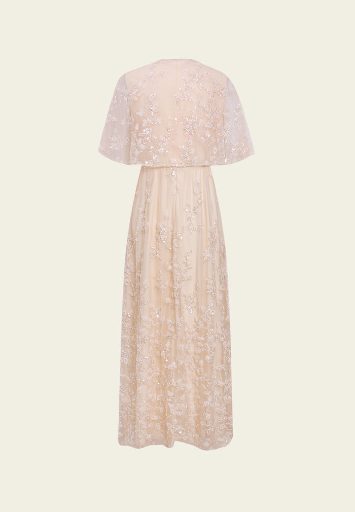 Cape-Detail Appliqué Mesh Dress