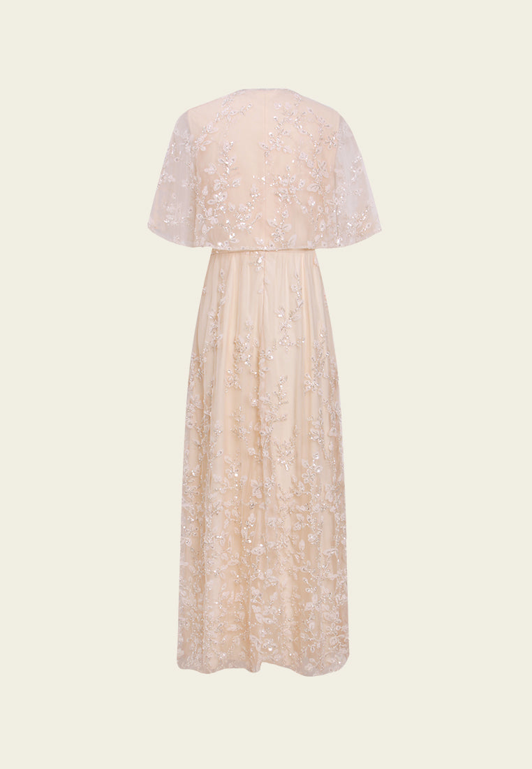 Cape-Detail Appliqué Mesh Dress