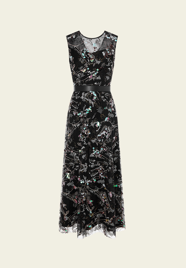 Glamorous Sequin-embellished Sleeveless Mesh Dress
