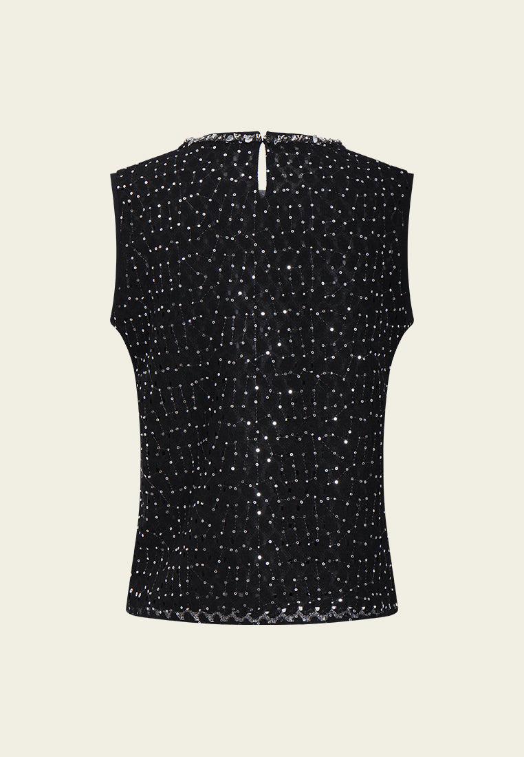 Jeweled Grid Sequin Sleeveless Top