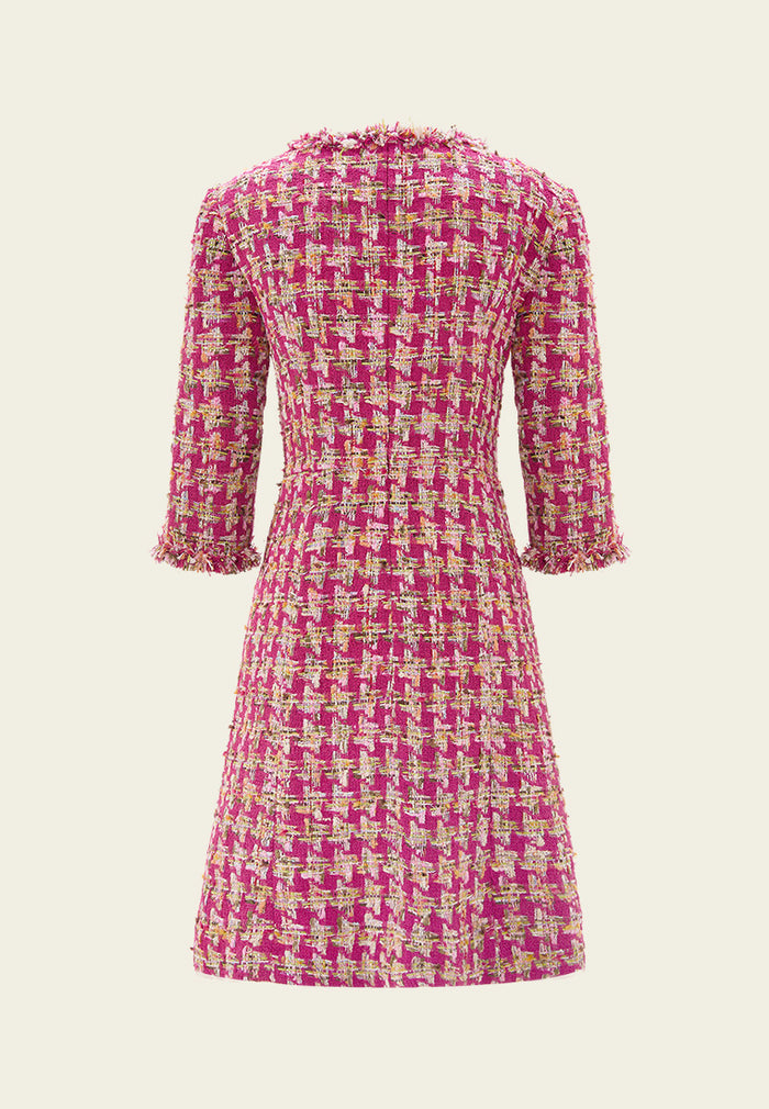 Fuchsia Houndstooth Frayed-trim Embellished Dress