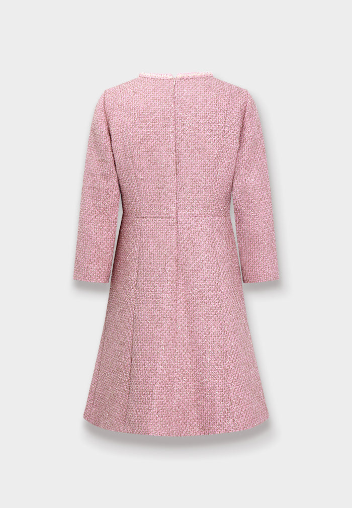 Pink Tweed Dress with Fringe Trim