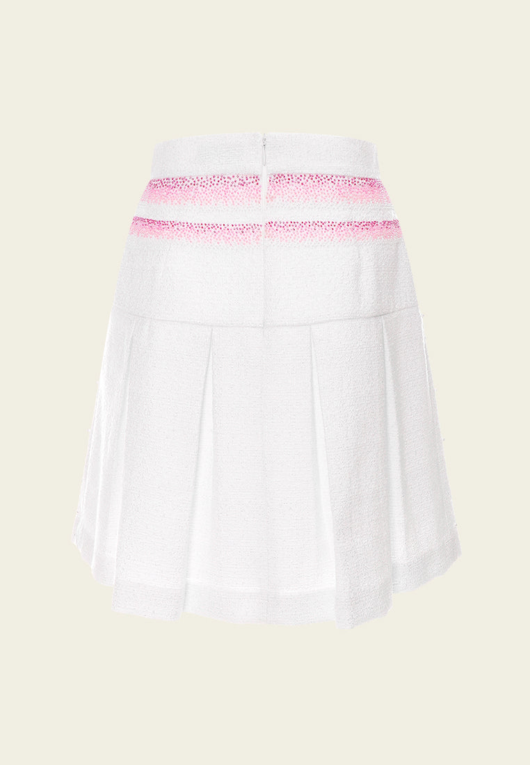 Pink Stripe White Tweed Pleated Skirt