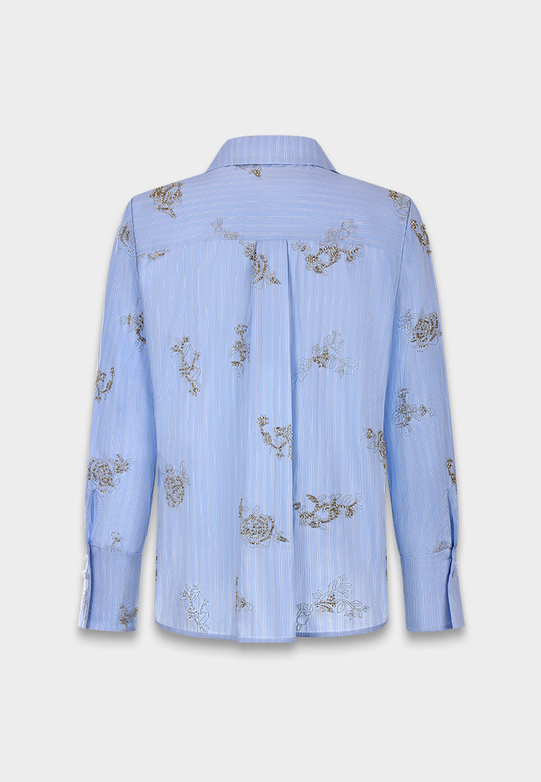 Blue Embroidered Bow Blouse