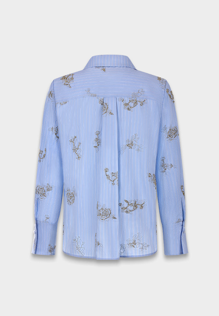 Blue Embroidered Bow Blouse
