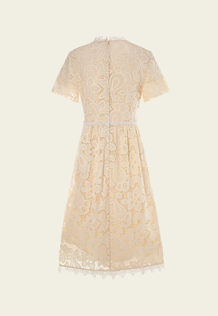 Bead-trim V-neck Hollow-carved Lace Dress