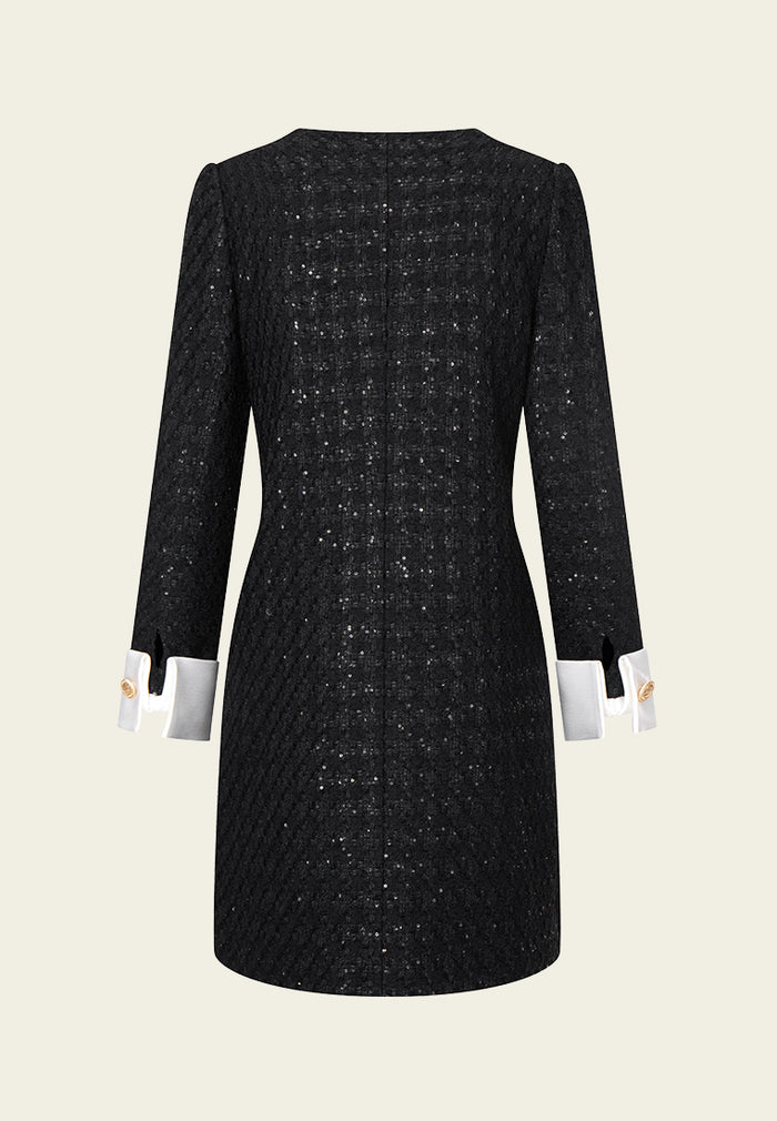 Midi-length Sequin-detail Contrasting-trim Houndstooth Tweed Dress