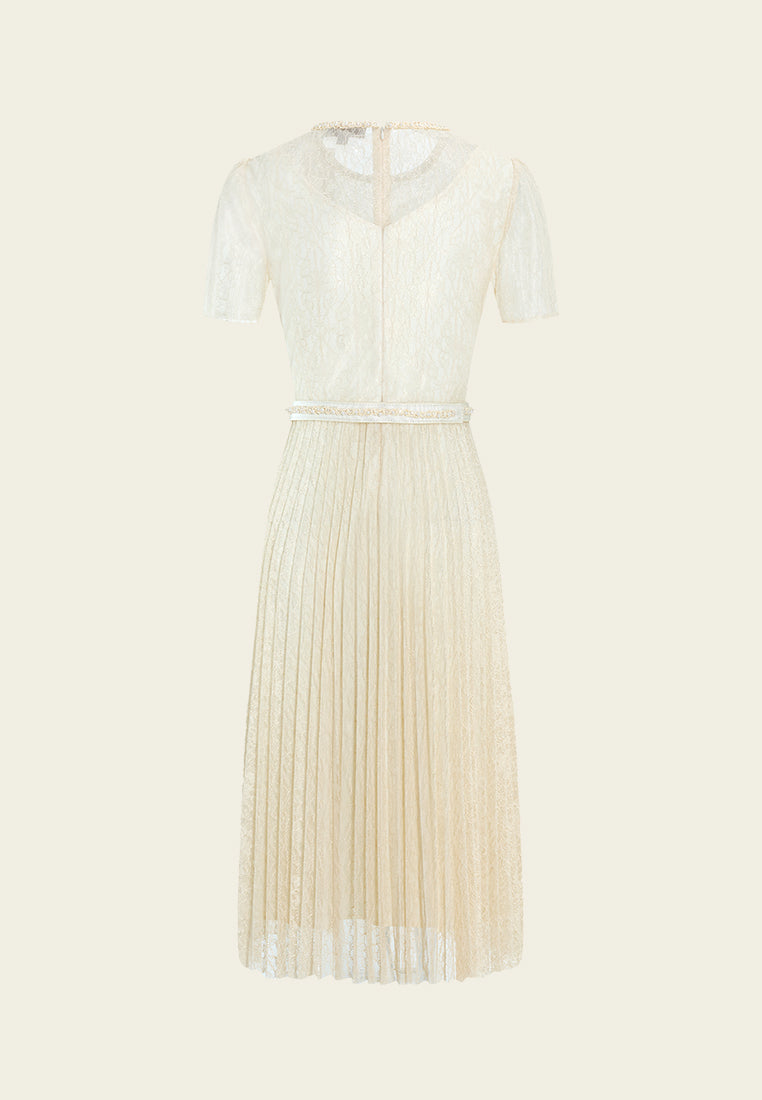 Belted Pleated-detail Lace Dress