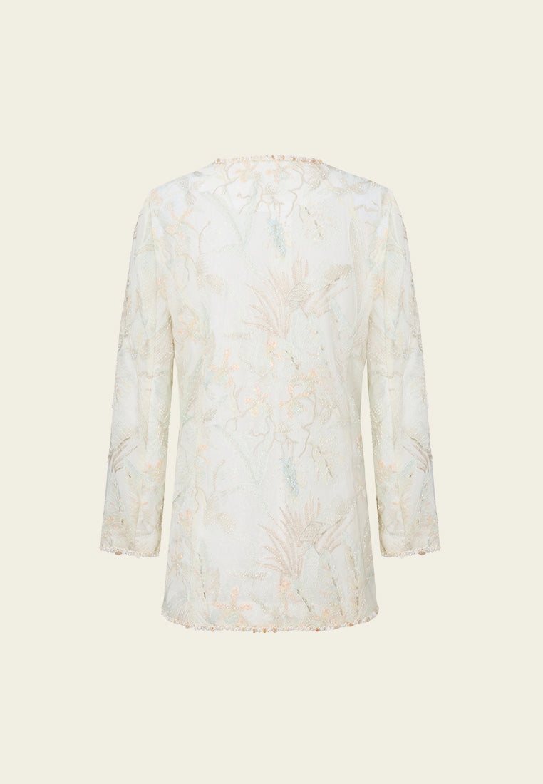 Stone-detail Embellished Floral-embroidery Long Jacket