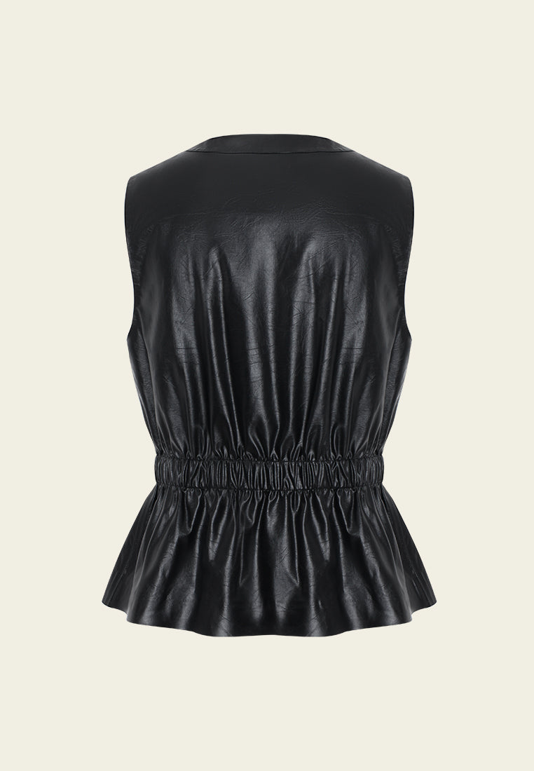 Elastic-waist Flap-pocket Faux Leather Blouse