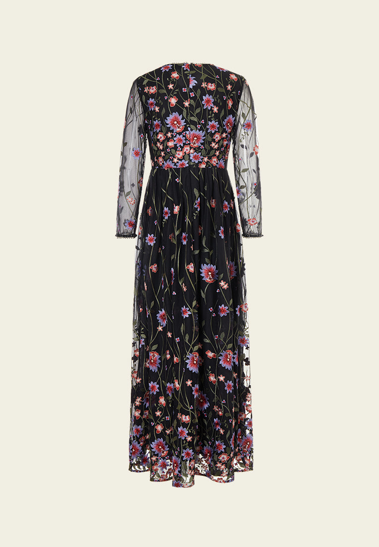 Oriental Embroidered Mesh Maxi Dress
